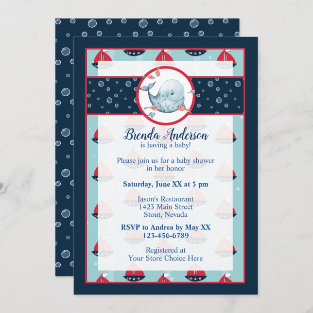 Invitación Baby Shower de Navy Blue y Red Nautical Boy (Anverso / Reverso)