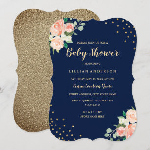 Invitación Baby Shower de Navy Peach Gold Floral Confetti