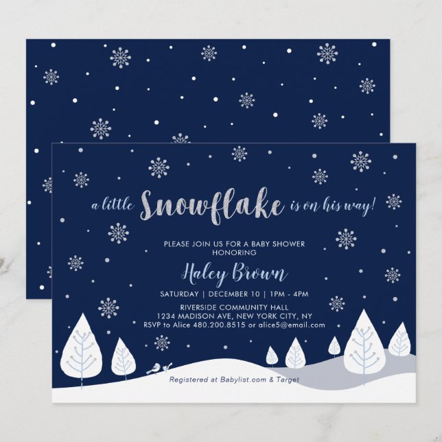 Invitación Baby Shower de Navy & Silver Winter Wonderland Boy (Anverso / Reverso)