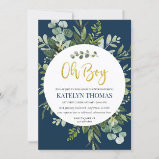 Invitación Baby Shower de Navy y Greenery Wreath Boy