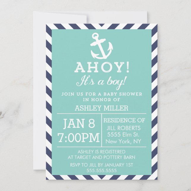 Invitación Baby Shower de Navy y Mint Nautical Chevron (Anverso)