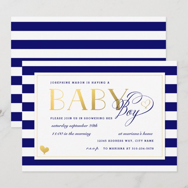 Invitación Baby Shower de Navy y White Stripe Faux Gold Boy (Anverso / Reverso)