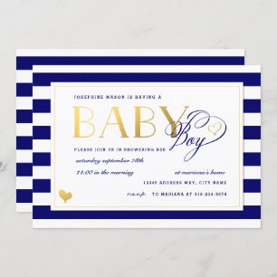 Invitación Baby Shower de Navy y White Stripe Faux Gold Boy