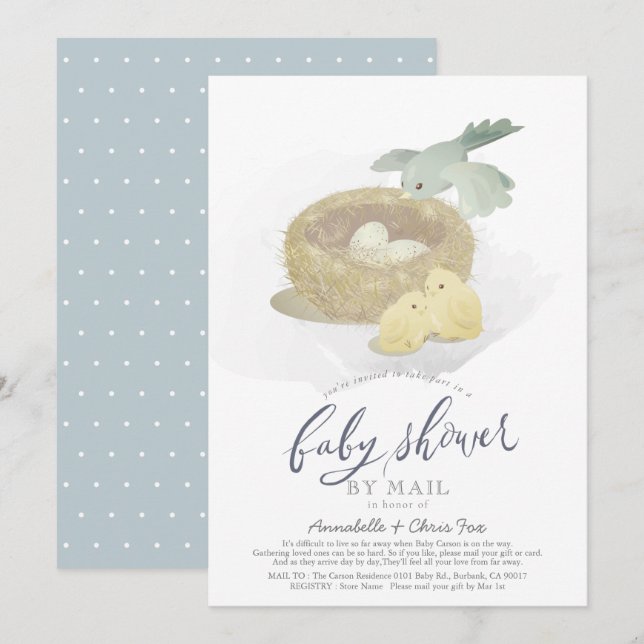 Invitación Baby Shower de Nest Blue Boy con nido de aves por  (Anverso / Reverso)