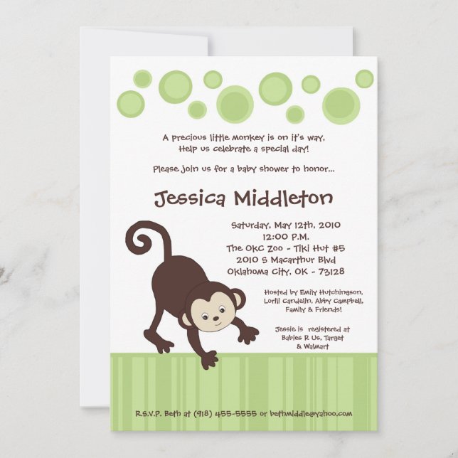 Invitación Baby Shower de Neutra Pop Monkey Dance  (Anverso)