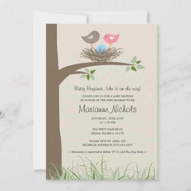 Invitación Baby Shower de Nido de Pájaro Bebé (Anverso)