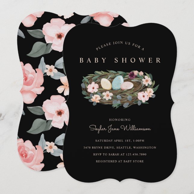 Invitación Baby Shower de nido de pájaro bohemio acuarela flo (Anverso / Reverso)