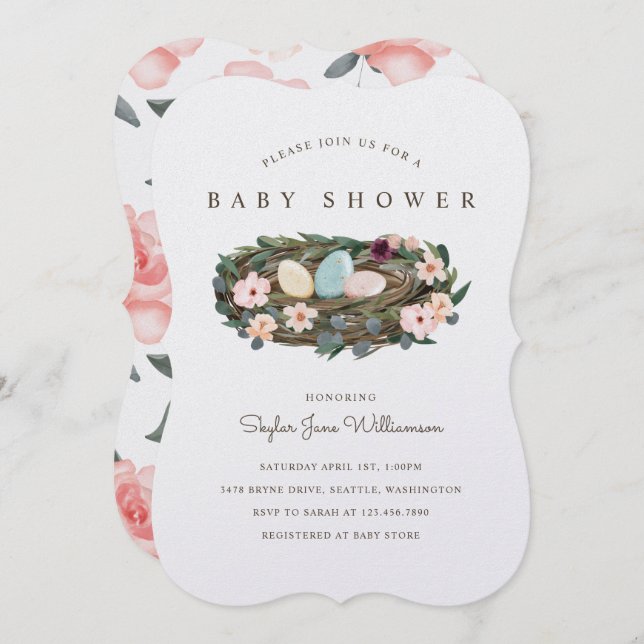 Invitación Baby Shower de nido de pájaro bohemio acuarela flo (Anverso / Reverso)