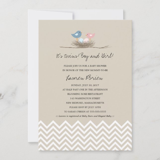 Invitación Baby Shower de Nido de Pájaro de niño gemelo y Chi (Anverso)