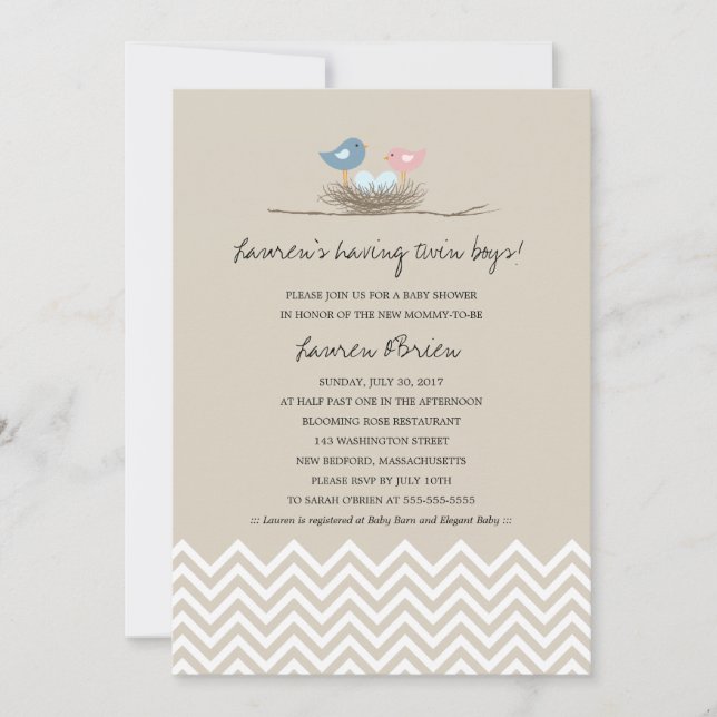 Invitación Baby Shower de Nido de Pájaro para bebés gemelos (Anverso)