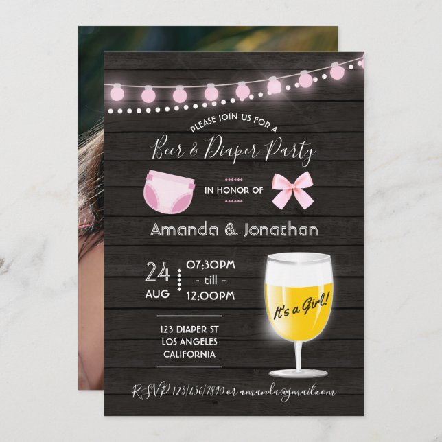 Invitación Baby Shower de niña de cerveza y pañales en patio  (Anverso / Reverso)