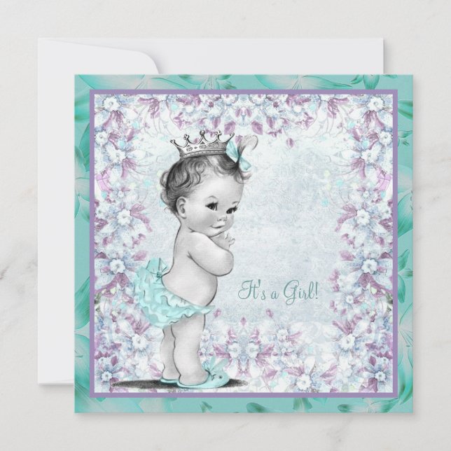 Invitación Baby Shower de Niña en Lavanda y Azul Turquesa (Anverso)