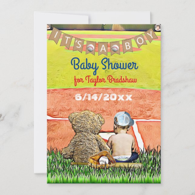 Invitación Baby Shower de niño con temas de béisbol (Anverso)