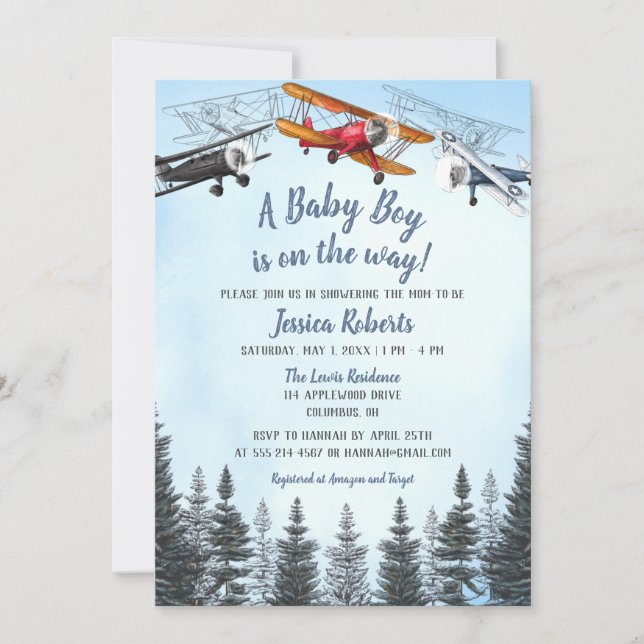 Invitación Baby Shower de Niño Niño de Avión Vinta (Anverso)