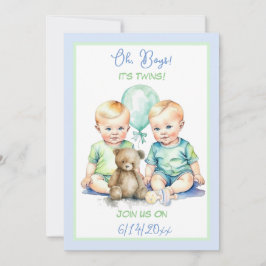 Invitación Baby Shower de niños gemelos azul pálido y verde