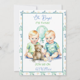 Invitación Baby Shower de niños gemelos azul pálido y verde