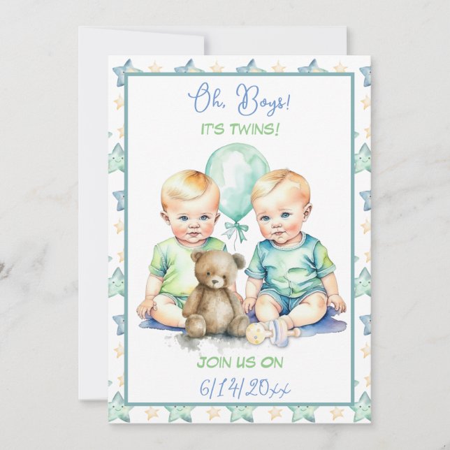 Invitación Baby Shower de niños gemelos azul pálido y verde (Anverso)