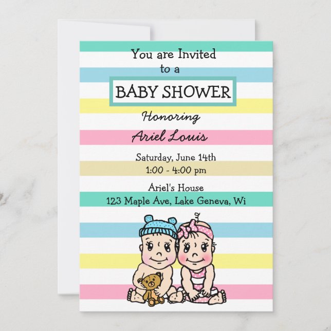 Invitación Baby Shower de niños y Chicas dibujados a mano (Anverso)