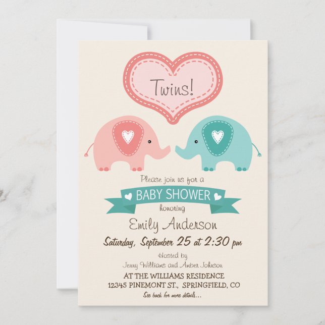 Invitación Baby Shower de niños y Chicas gemelos rosados y el (Anverso)