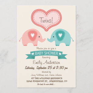 Invitación Baby Shower de niños y Chicas gemelos rosados y el