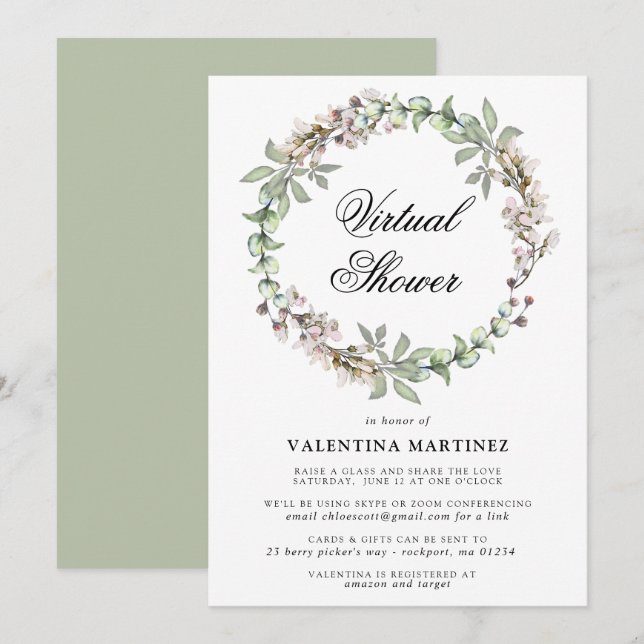 Invitación Baby Shower de novia virtual de guirnaldas botánic (Anverso / Reverso)