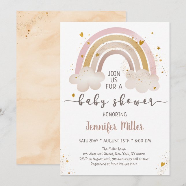 Invitación Baby Shower de nubes arco iris boho Gold (Anverso / Reverso)