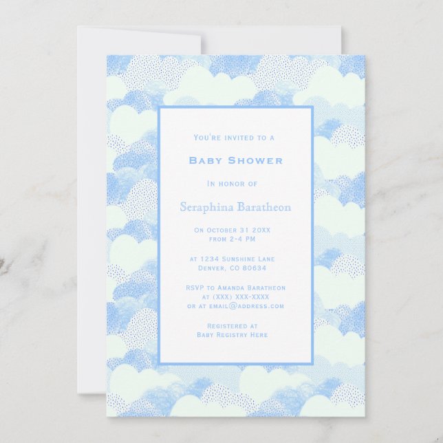 Invitación Baby Shower de nubes de cielo azul sencillas y mod (Anverso)