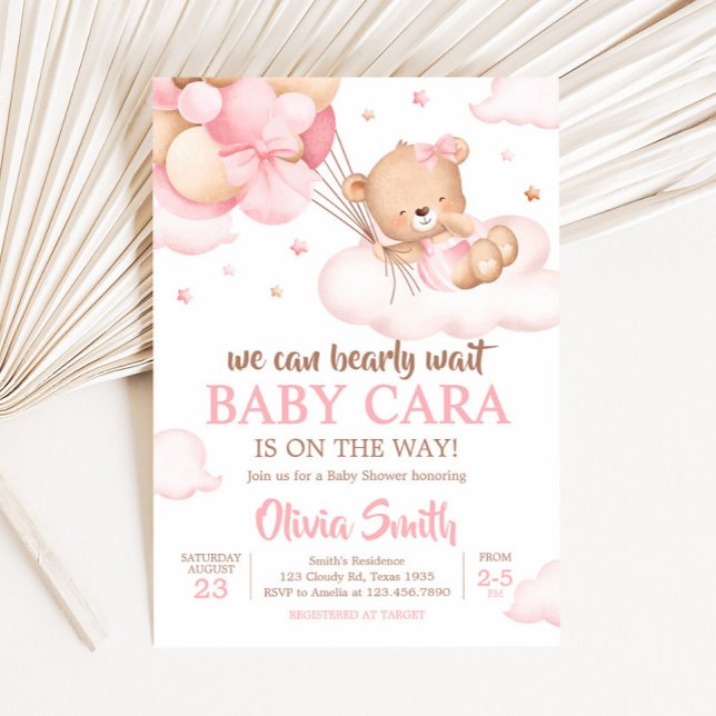 Invitación Baby Shower de nubes de espera de Bearly rosa (Pink Bear Clouds Baby Shower Invitation)