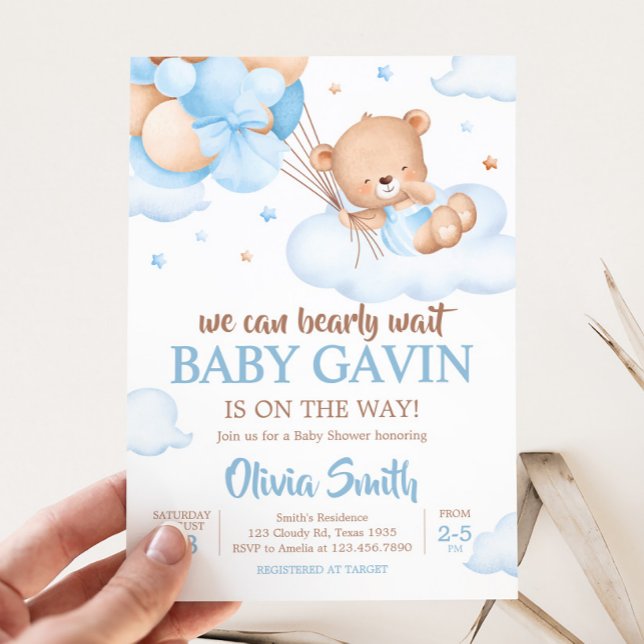 Invitación Baby Shower de nubes de espera de Blue Bearly (Blue Bear Clouds Baby Shower  Invitation)