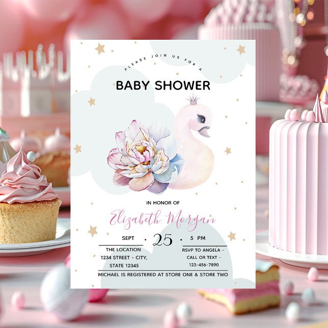 Invitación Baby Shower de nubes de flores de cisne (Subido por el creador)