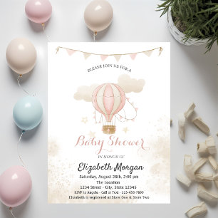 Invitación Baby Shower de nubes de globos aerostáticos rosado