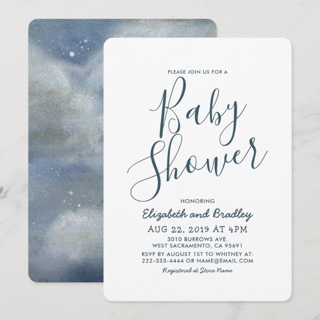 Invitación Baby Shower de nubes ruidosas azules de época (Anverso / Reverso)