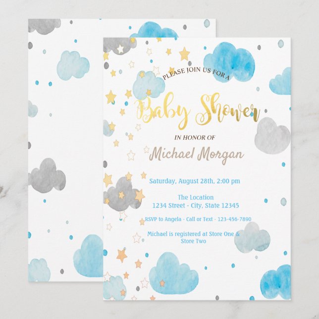 Invitación Baby Shower de nubes y estrellas (Anverso / Reverso)