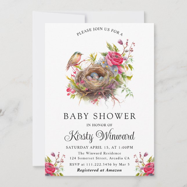 Invitación Baby Shower de nudo de pájaro acuático de primaver (Anverso)