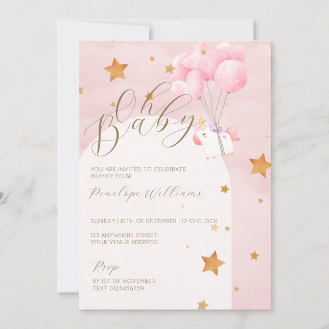 Invitación Baby Shower de Oh Baby Pink Unicorn (Anverso)