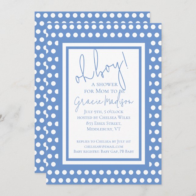 Invitación Baby Shower de Oh Boy Blue and White Bo (Anverso / Reverso)