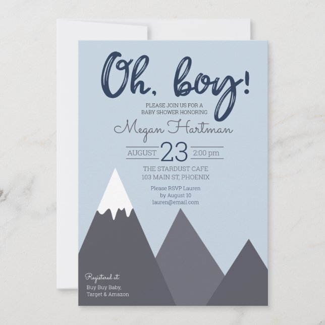 Invitación Baby Shower de Oh Boy Blue Gray Mountai (Anverso)
