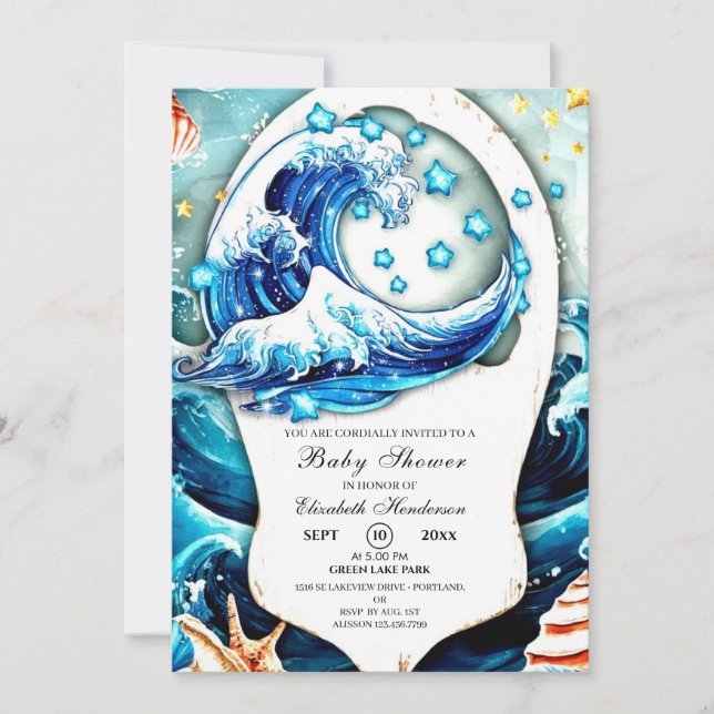 Invitación Baby Shower de olas oceánicas encantadas (Anverso)