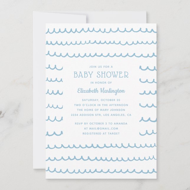 Invitación Baby Shower de ondas náuticas azules | Costera mod (Anverso)