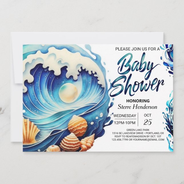 Invitación Baby Shower de ondas náuticas modernas (Anverso)