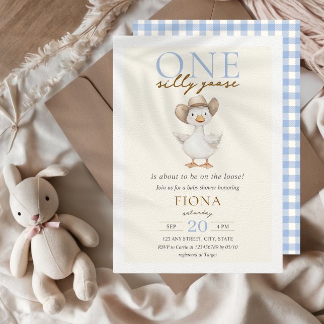 Invitación Baby Shower de One Silly Goose Blue Gingham Boy (One Silly Goose Blue Gingham Baby Shower Invitation Cute Farm Animals )