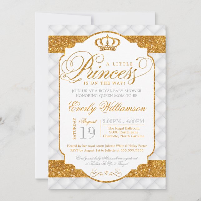 Invitación Baby Shower de oro blanco de lujo Princ (Anverso)