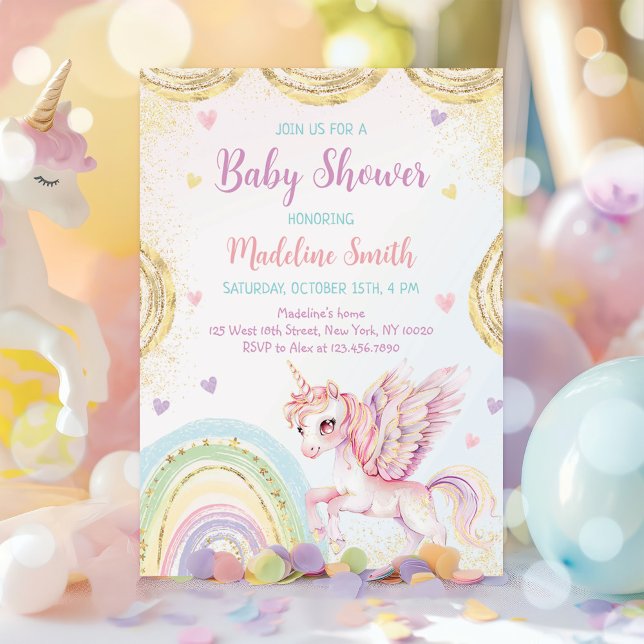 Invitación Baby Shower de oro rosa arcoiris de Unicornio (Subido por el creador)