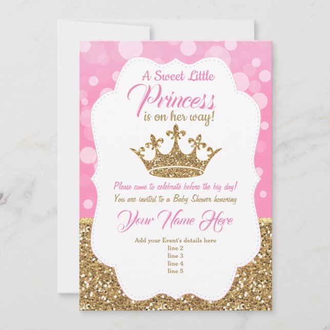 Invitación Baby Shower de oro rosa Princesa, Royal (Anverso)