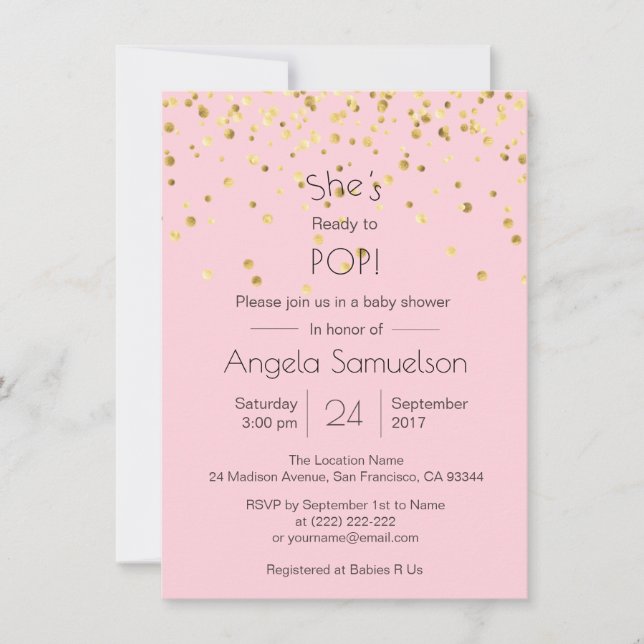 Invitación Baby Shower de oro rosado personalizado listo para (Anverso)