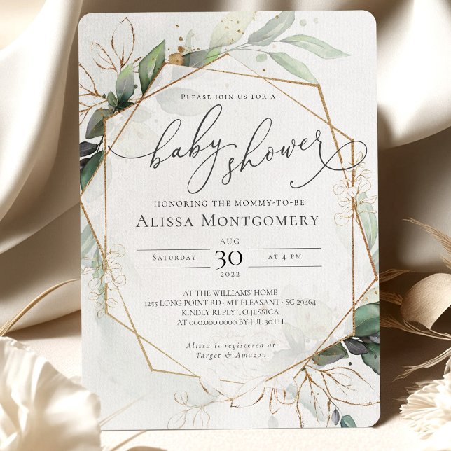 Invitación Baby Shower de oro verde geométrico (Subido por el creador)