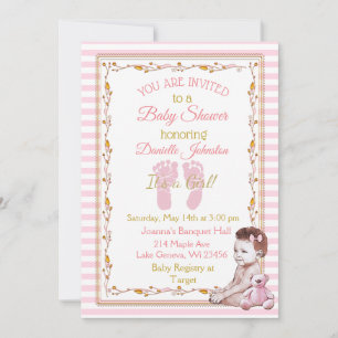 Invitación Baby Shower de oro y rosado personalizado para beb