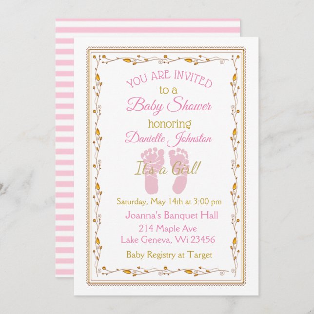 Invitación Baby Shower de oro y rosado personalizado para beb (Anverso / Reverso)
