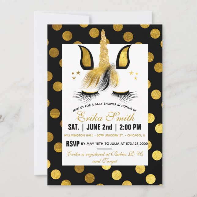 Invitación Baby Shower de oro y unicornio negro (Anverso)