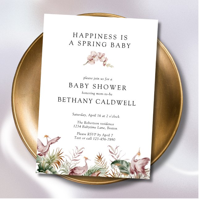 Invitación Baby Shower de Orquídeas de Primavera Cranes de ba (Spring Baby Shower Invitation with Dancing Cranes)